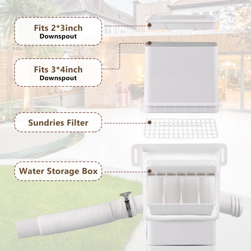 Rodelna Rainwater Collection System  Rain Barrel Diverter Kit for 2x3 and 3x4  Downspouts  with Filtration and Hose  Rain Diverter  Downspout Diverter  White - Image 3